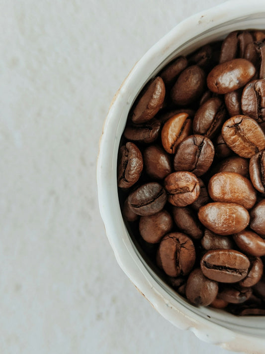 Close-up of roasted coffee beans in a white ceramic bowl