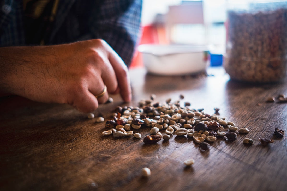 Person hand-sorting coffee beans on a wooden table at a Colombian coffee farm